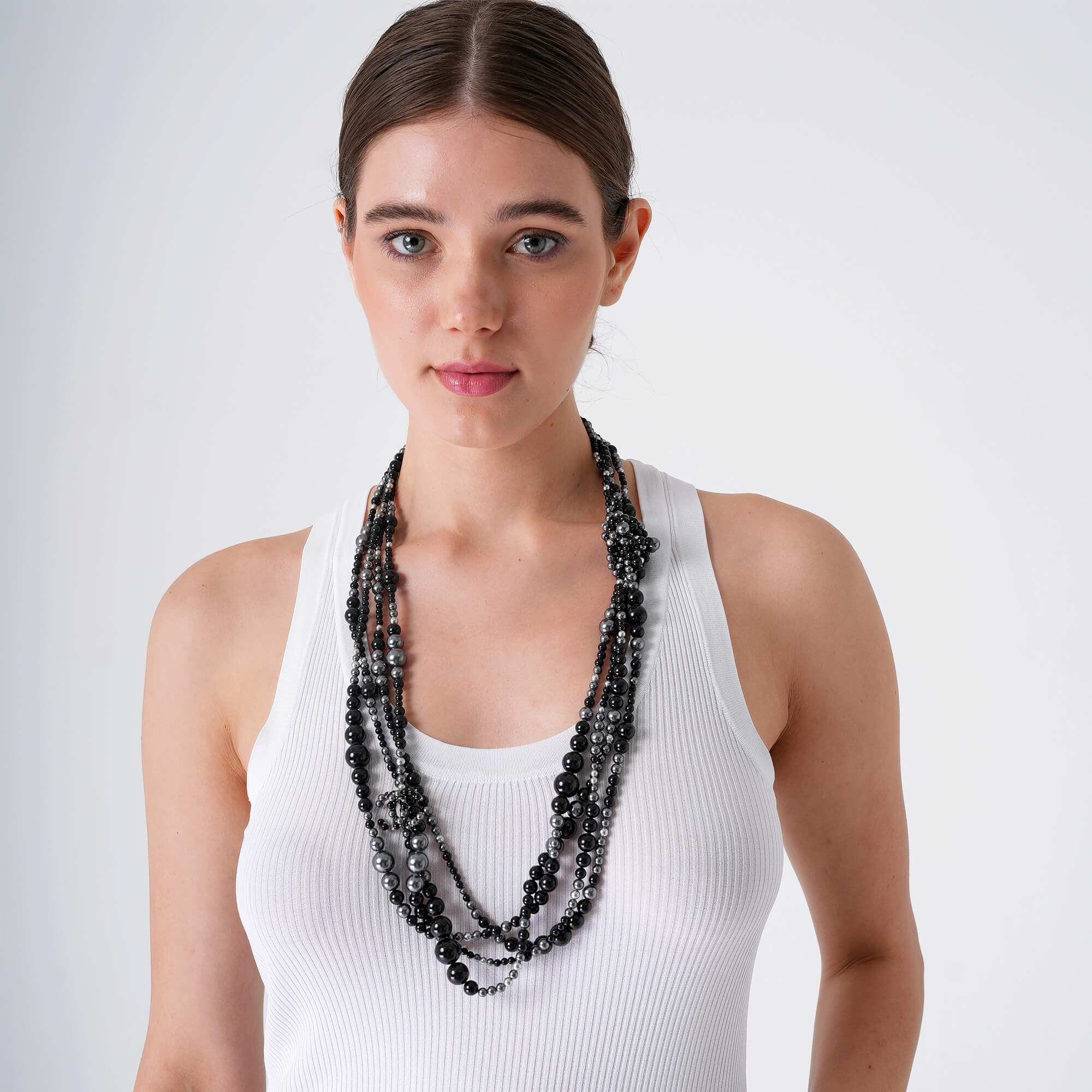 Chanel - Black and Metallic Silver Beads Long Necklace 